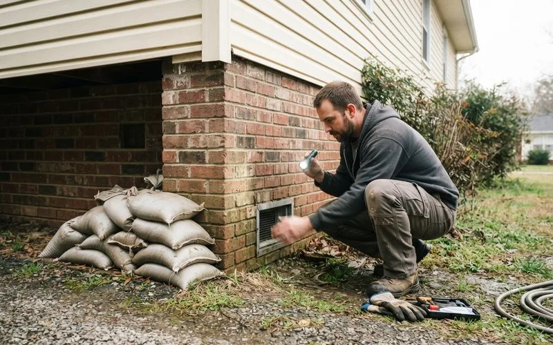 A homeowner checks a crawlspace vent and vapor barrier for damage while preparing a Charleston home ahead of hurricane season