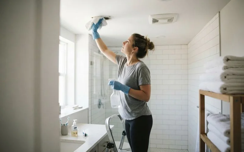 A homeowner wearing gloves and a mask cleans a small patch of mold from bathroom tile grout with a spray bottle and scrub brush