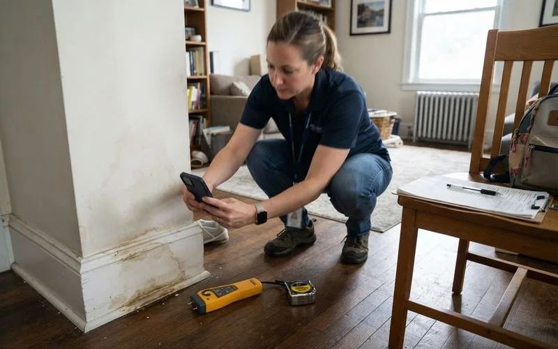 A homeowner reviews a written insurance claim document alongside photos of water damage on a laptop at a kitchen table