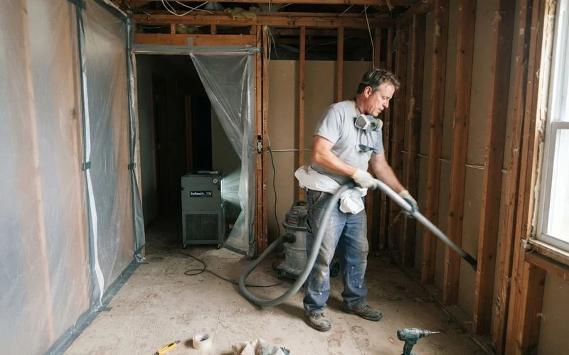 A technician wearing a respirator and protective suit uses a HEPA vacuum to clean a wall cavity during a mold remediation job