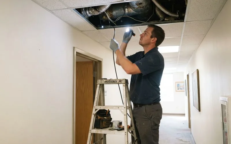 A technician inspects an HVAC air handler and ductwork with a flashlight, checking for mold growth around the coil and vents