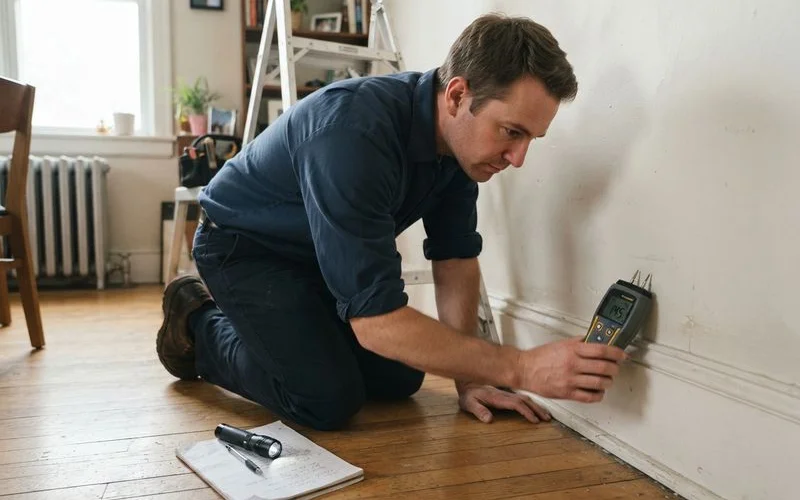 A restoration technician in protective gear uses a moisture meter to inspect a water-stained bathroom ceiling before starting mold remediation work