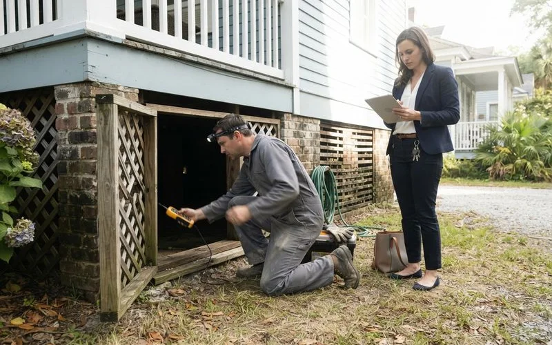 A home inspector checks a crawlspace vapor barrier with a flashlight during a pre-purchase inspection of an older Charleston home