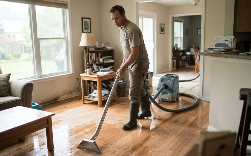 A homeowner uses a wet-dry vacuum to remove standing water from a flooded living room floor while a fan runs in the background