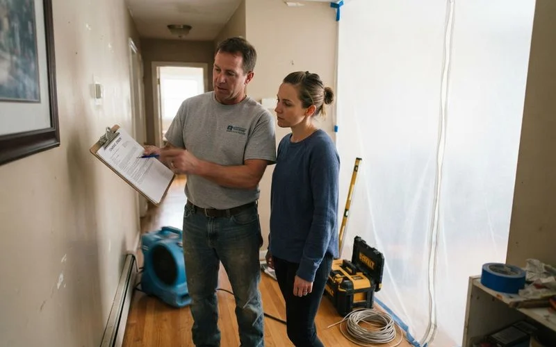 A technician reviews a written change order with a homeowner, pointing to additional mold growth found behind a wall panel