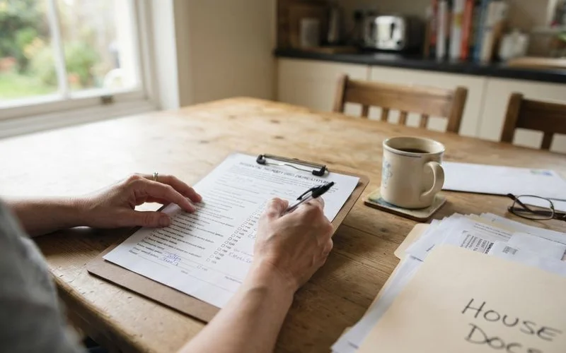 A real estate agent and a home buyer review a property disclosure form together at a kitchen counter