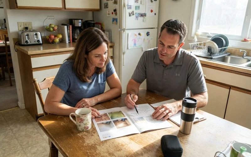 A homeowner and an independent inspector review a written mold assessment report together at a dining table