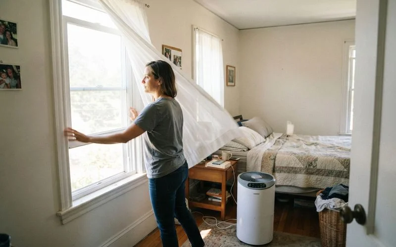 A family in a living room with a window open for ventilation while a small area of ceiling mold is inspected nearby